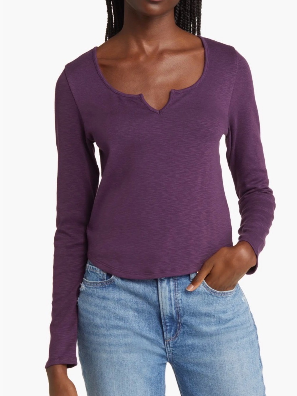 Madewell Split Neck Long Sleeve T-Shirt Size Large Heathered Plum Purple